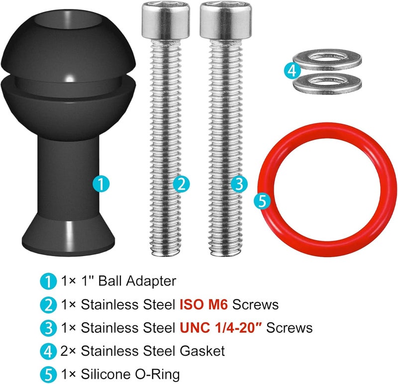 MINI FOCUS 1" Ball Adapter with M6 & 1/4" Threaded Stud, Aluminum Alloy Fixed Ballhead Mount Adapter for Action Camera & Camcorder Compatible Underwater Tray Bracket Flashlight System - Image 5
